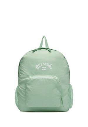 Light green Billabong backpack with front zip pocket and side mesh pockets, featuring a top carrying loop.
