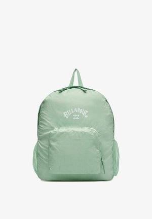 Light green Billabong backpack with front zip pocket and side mesh pockets, featuring a top carrying loop.
