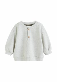 Helle graue Kleinkind-Sweatshirt mit gerippten Bündchen und Saum, rundem Halsausschnitt und zwei Holzknöpfen auf der Vorderblende.