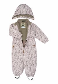 Bērnu rozā ziedu izolēts snowsuit ar noņemamu kapuci, elastīgām piedurknēm, rāvējslēdzēju priekšā un regulējamām kāju siksnām.