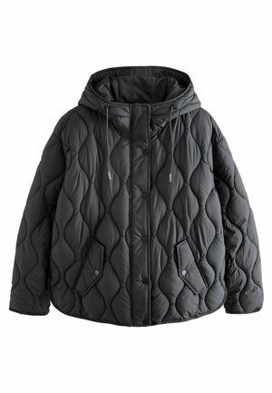 Quilted black puffer jacket with a hood, featuring a button closure, drawstrings, and two side pockets. Textured wave pattern throughout.
