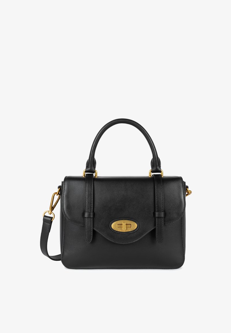 Borsa a tracolla in pelle nera con una placca logo in tono oro, forma strutturata, doppi manici e tracolla removibile. Texture liscia, hardware minimal.