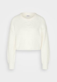 Weißer, kurz geschnittener Pullover mit Zopfmuster, gerippten Bündchen und runder Halslinie. Aus strukturiertem Strickstoff gefertigt.