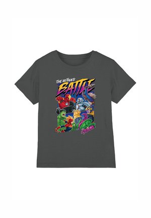 Charcoal gray cotton t-shirt featuring a colorful graphic print of various characters in a battle scene, with vibrant text, “The Ultimate Battle.”