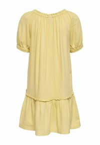 Robe ample jaune clair avec manches courtes bouffantes, encolure élastique froncée et détail volanté à l'ourlet.