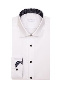 Witte lange mouw hemd met zwarte knopen, contrasterende zwarte binnenkraag en manchetten met een klein blauw cirkelpatroon.