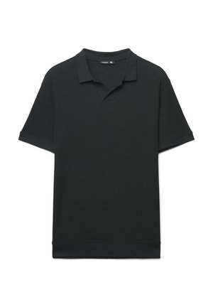 Polo nera a maniche corte realizzata in tessuto strutturato con colletto classico e dettagli a costine su maniche e orlo. Taglia XL.