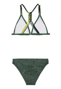 Set di bikini verde composto da un top triangolare con design a spalline intrecciate multicolori e un fondo coordinato con motivo testurizzato.
