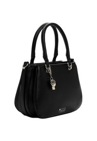 Juoda odinė rankinė su dviem apvaliais rankenomis, sidabrine apdaila, šoninėmis klostėmis ir raktelio pakabuku, pritvirtintu prie užtrauktuko.