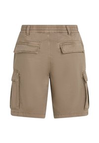 Beige cargo-shortsit, joissa on joustava vyötärö, sivutaskut ja takana laputaskut. Valmistettu sileästä kankaasta, jossa on räätälöity leikkaus.