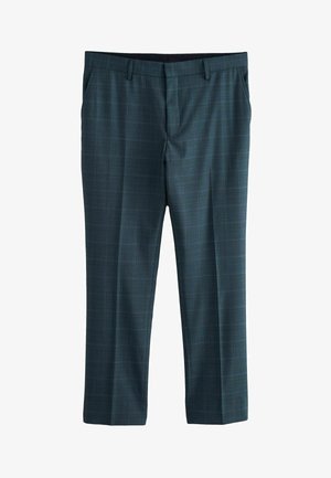 Men's dark teal plaid trousers made of smooth fabric. Features straight legs, two front pockets, and a clean waistband with belt loops.