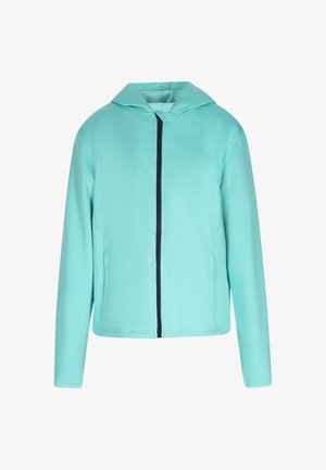 Világoskék kapucnis dzseki puha anyagból, elülső cipzárral és két oldalsó zsebbel, kontrasztos sötétkék részletekkel.