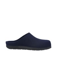 Navy blue felt clogs with a rounded toe, opened back, and textured black rubber sole. Simple design with visible stitching detail along edges.