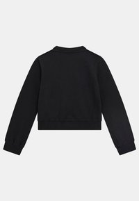 Zwarte cropped sweatshirt gemaakt van zachte stof, met lange mouwen, ribgebreide manchetten en een klassiek kraagontwerp.