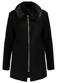 Abrigo negro con cuello de piel sintética, cierre de cremallera, mangas largas, corte recto y textura de tela lisa. No se ven bolsillos.