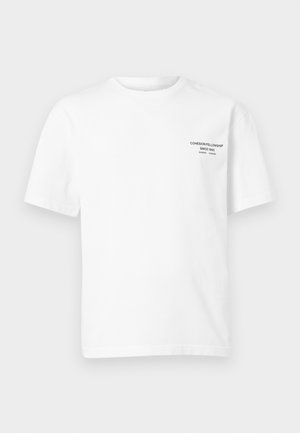 White short-sleeve crewneck t-shirt with small black text on the left chest reading "COHESION FELLOWSHIP SINCE 1993."