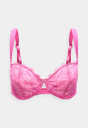 Rózsaszín csipkés merevítős melltartó hullámos szegélyekkel, szatén pántokkal és díszes elülső kapoccsal. Texturált virágmintás részletek az egész felületen.