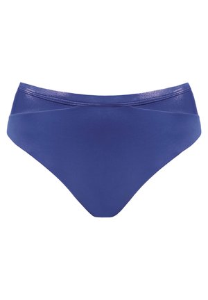 Wysokiej talii kostium kąpielowy w jednolitym ciemnoniebieskim kolorze o gładkiej fakturze, z błyszczącym paskiem w talii i czystymi liniami. Zaprojektowany dla ciasnego dopasowania.