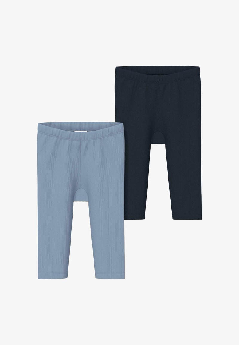 Deux paires de leggings côtelés pour tout-petits, l'une bleu clair et l'autre bleu marine foncé, présentées à plat avec des ceintures élastiques et une longueur mi-mollet.