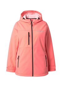 Lyserød softshell-jakke med hætte, med sorte lynlåse, to sidelommer og en lynlåslomme på brystet. Fleece-foret indvendigt.