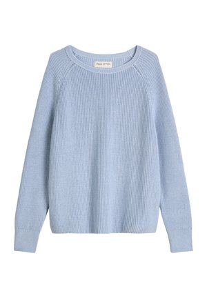 Hellblau gestrickter Pullover mit rundem Ausschnitt, gerippten Bündchen und Saum, ausgestattet mit einem strukturierten Muster und Raglanärmeln.