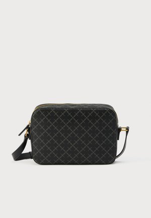 Black crossbody bag made of textured material, featuring a geometric pattern, gold-tone zipper, and a detachable strap. Rectangular shape.