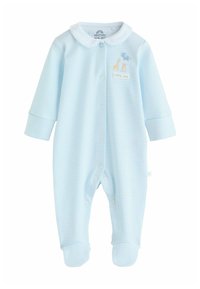 Body per bambini a righe azzurro chiaro con colletto bianco, bottoni a pressione e ricamo divertente di animali con giraffe ed elefante.
