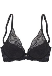 Black lace bra featuring a plunging neckline, scalloped edges, adjustable straps, and a small center button detail.
