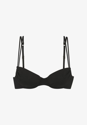 Svart bikinitopp med teksturert stoff, formede kopper og justerbare stropper. Har en rynket midtdetalj og sidesupportpaneler.