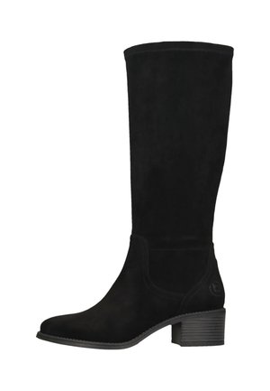 Schwarzer Wildleder-Stiefel bis zur Mitte der Wade mit Blockabsatz und abgerundetem Zeh, mit dezenten Nahtdetails und kleinem Logo in Fersenbereich.