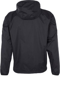 Svart huva jacka i lätt material med långa ärmar, elastiska muddar och en enkel, odekorerad design.