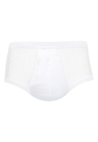 Culotte blanche avec un panneau latéral en mesh et un devant lisse. La taille est élastique, offrant du confort. Aucun motif ou accent visible.