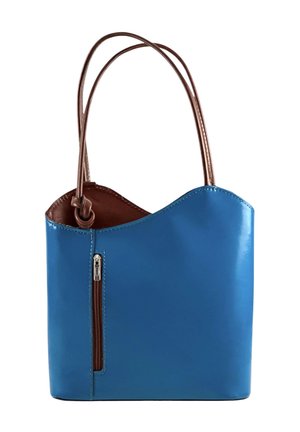 Blue leather handbag with two brown handles, a vertical brown zipper pocket on the front, and a curved top edge.