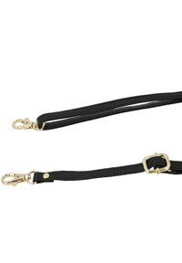 Guinzaglio per animali domestici in pelle nera con accessori dorati. Presenta un gancio a scatto e una fibbia regolabile. Superficie liscia e design piatto per una facile manovrabilità.