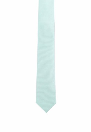A light mint green tie with a ribbed texture, featuring a pointed end and a smooth finish, suitable for formal attire.