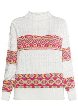 Maglione bianco con collo alto, caratterizzato da un lavorato a trecce testurizzato e da colorati motivi geometrici in rosa, giallo e blu sulla sezione centrale e sulle maniche.