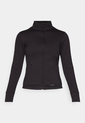Giacca nera con zip, colletto alto, maniche lunghe e tasche laterali. Realizzata in materiale morbido con un design aderente e polsini a costine.