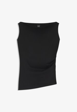Črna oprijeta majica brez rokavov z ladjskim izrezom, subtilnim nabiranjem na bokih in znamko BOSS na notranji strani ovratnika.