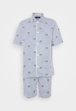 Striped short-sleeve shirt and matching shorts in blue and white with small cartoon figures, made from cotton, featuring button closure.