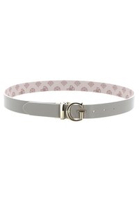 Cintura in pelle grigia con una fibbia "G" color oro. All'interno, una fodera rosa chiaro con accenti a motivi sottili. Multiple asole per la regolazione.