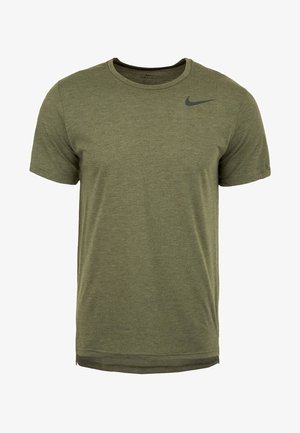 Olivgrünes Nike-T-Shirt mit kurzen Ärmeln, Rundhalsausschnitt und schwarzem Nike-Swoosh-Logo auf der linken Brust.