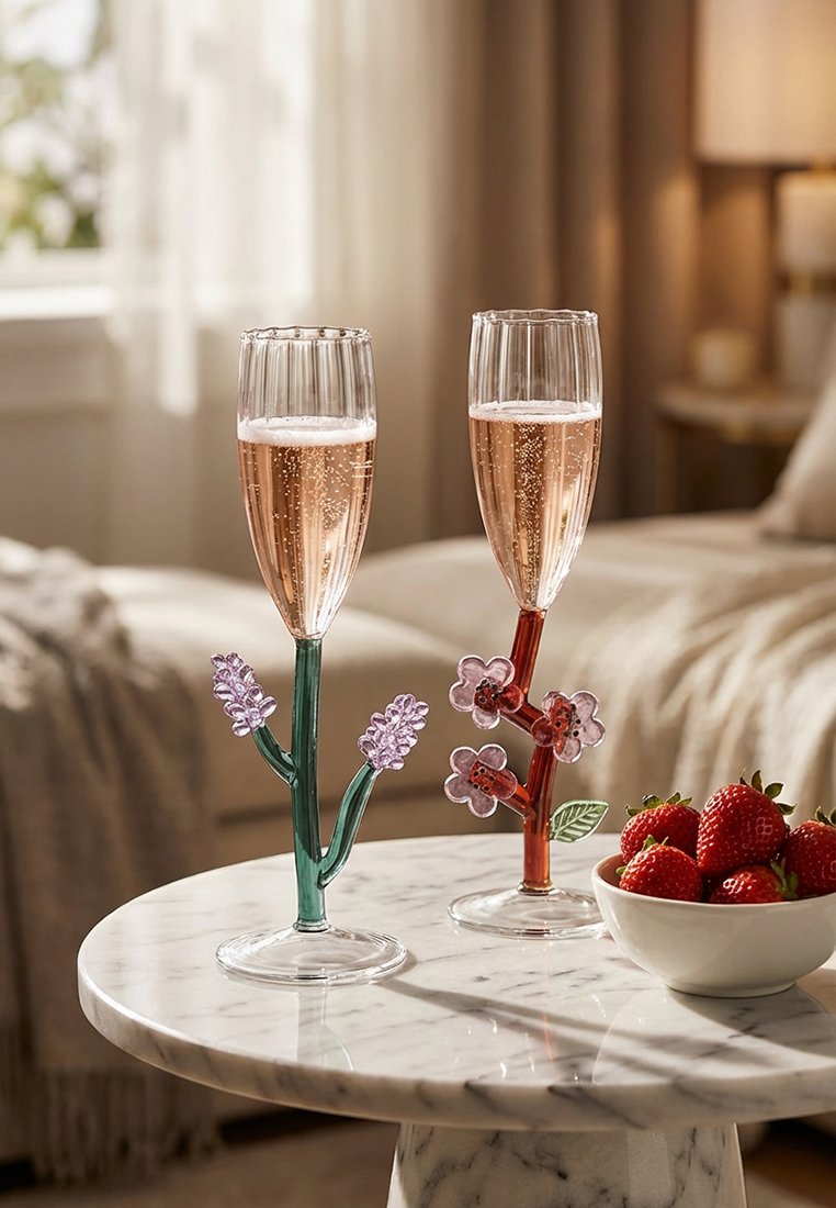 Dwie kieliszki do szampana z kwiatowymi łodygami, wypełnione musującym napojem, stojące na marmurowym stole obok miski ze świeżymi truskawkami w przytulnym pokoju.
