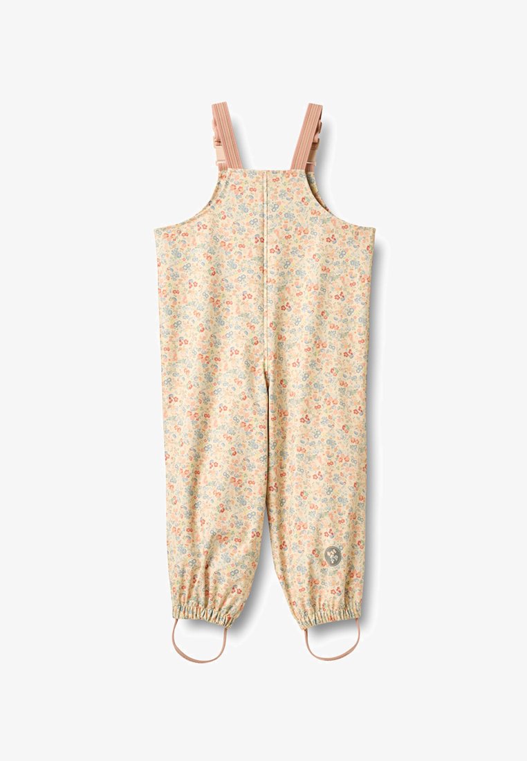 Salopettes imperméables à imprimé floral pour enfants, avec bretelles roses réglables et poignets élastiqués avec éperons pour un ajustement sécurisé.