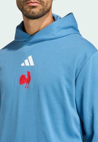 Felpa con cappuccio in tessuto azzurro chiaro con grafica di un gallo rosso e strisce diagonali bianche nella parte superiore sinistra del petto.