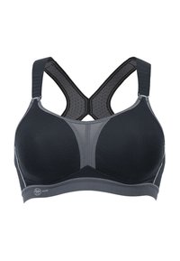 Schwarzer Sport-BH mit einem Netz-Frontpanel, gepolsterten Cups und gekreuzten Trägern. Mit grauen Akzenten und einem strukturierten Band für Unterstützung.