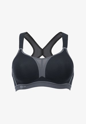 Schwarzer Sport-BH mit einem Netz-Frontpanel, gepolsterten Cups und gekreuzten Trägern. Mit grauen Akzenten und einem strukturierten Band für Unterstützung.