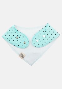 Bavaglino in cotone di colore azzurro chiaro con pois neri, dotato di chiusure a pressione e di un morbido e assorbente rivestimento interno bianco.