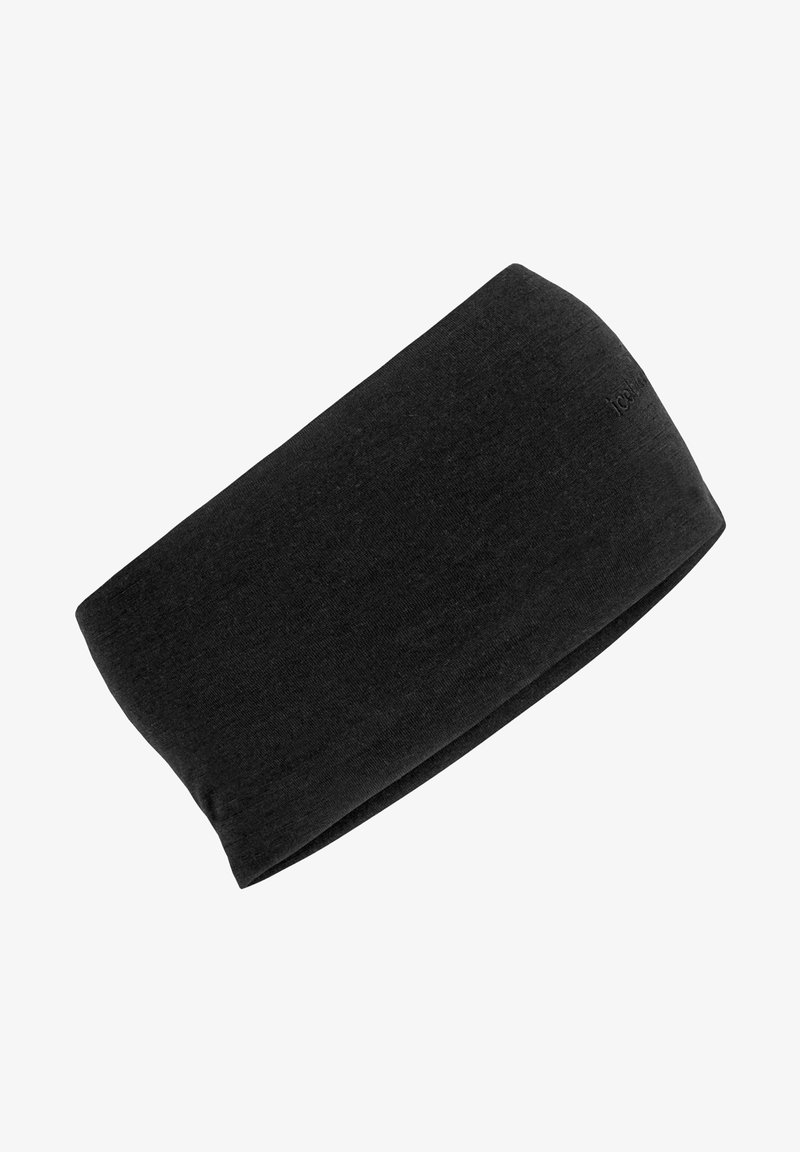 Svart tygband med en slät yta, med en rundad design och en subtil logotyp nära kanten. Lämplig för användning i kallt väder.