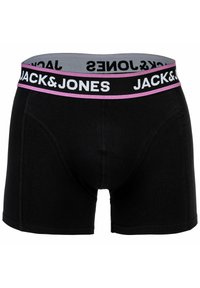 Svarta boxerkalsonger med en bred elastisk midja med "JACK & JONES"-logotypen i vitt och rosa. Slät textur och åtsittande design.