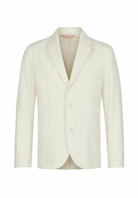 Elfenbeinfarbener, leichter Blazer mit subtiler gerippter Textur, Reverskragen, zwei Knöpfen und zwei Fronttaschen. Figurbetonte Passform mit abgerundetem Saum.
